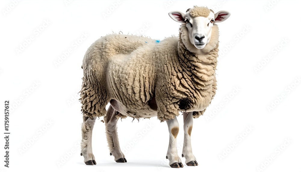 Fototapeta premium A fluffy sheep stands proudly with a unique posture, showcasing its woolly coat against a plain background