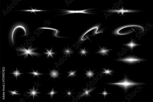 Light effect set. Glow isolated white transparent light effect set, lens flare, explosion, glitter, dust, line, sun flash, spark and stars, spotlight, curve twirl