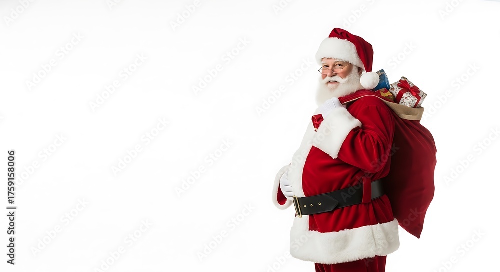 Fototapeta premium A jolly Santa Claus in his traditional red suit with a white beard, carrying a sack full of gifts over his shoulder.