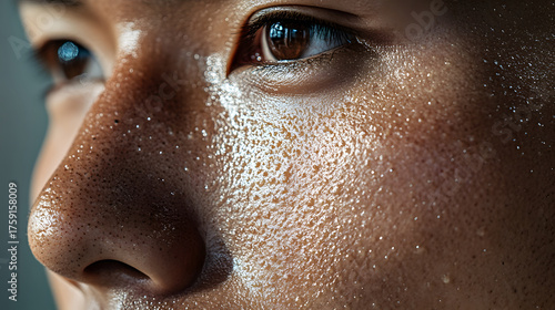 Close up of skin texture with visible pores and shine