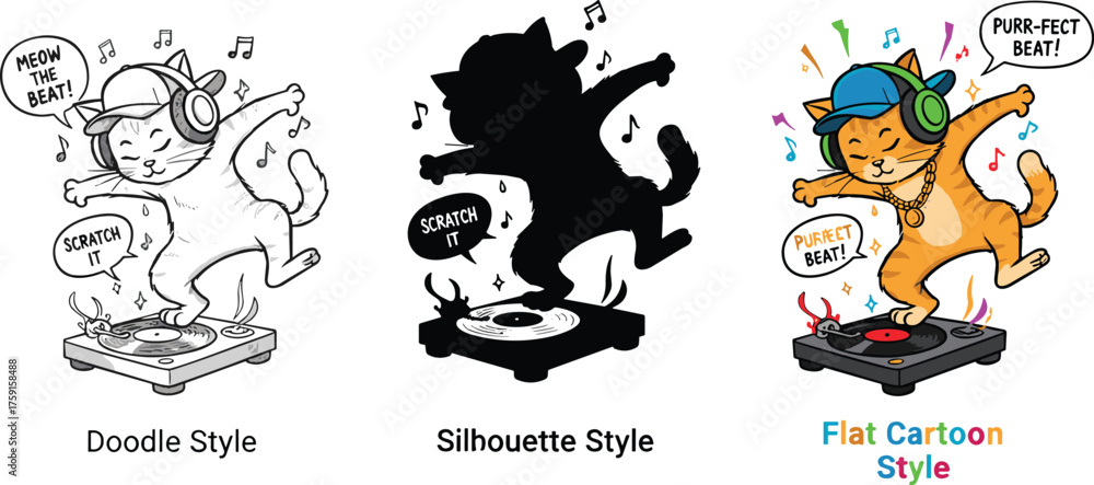Obraz premium Cartoon DJ Cat Dancing on Turntable, Music Lover Vector IllustrationCartoon DJ Cat Dancing on Turntable, Music Lover Vector Illustration