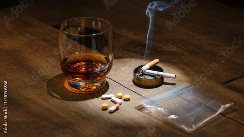 Whiskey, cigarettes, and pills symbolizing addiction crisis