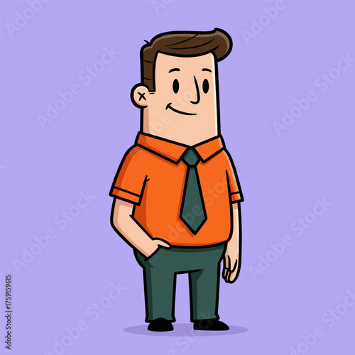A cartoon illustration of a relaxed man in a short-sleeved orange shirt and dark tie, standing with one hand in his pocket against a purple background.