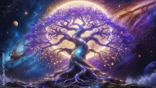 Tree of Life in Space Galaxy Fantasy Scene Illustration