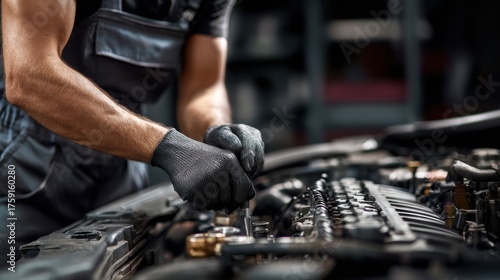 Mechanic working on car engine, hands in gloves, automotive repair.