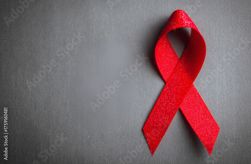 World AIDS Day concept with red ribbon on gray background.