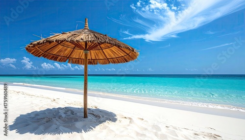 A Tropical Paradise Beach Scene With A Thatched Umbrella Overlooking The Turquoise Ocean Under A Clear Blue Sky With Wispy Clouds