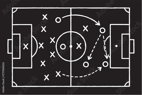 Black and white vector design illustrating soccer tactics on a chalkboard, featuring arrows, passing routes, goal directions, and strategic formation markings.