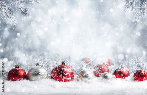 Christmas Baubles in Snow With Fir Branches and Bokeh Background.