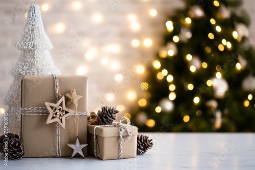 Christmas Presents with Star Decorations and Christmas Tree Lights.