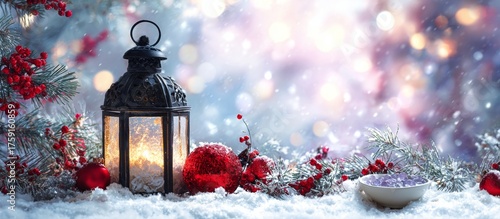 Christmas Lantern and Decorations in the Snow.