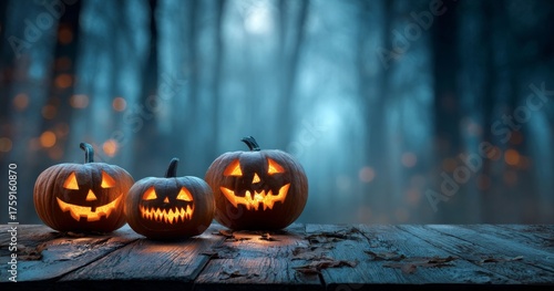 Glowing Halloween Pumpkins on Wooden Table, Dark Background.