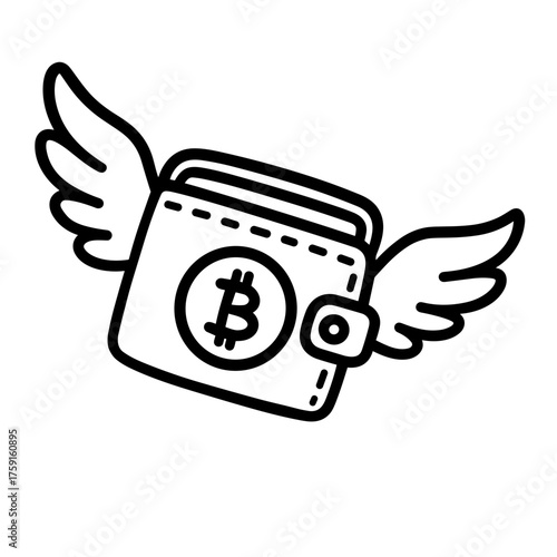 Flying wallet with bitcoin icon symbolizing cryptocurrency loss