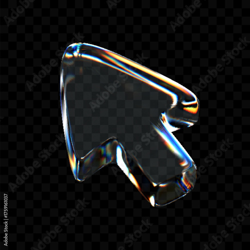 3D glass arrow icon with holographic reflection on dark background. Realistic refraction and dispersion effects. Modern gradient cursor element.