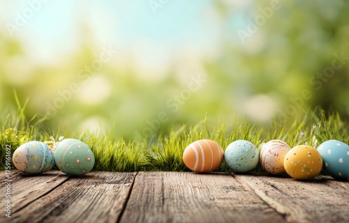 Colorful Easter Eggs on Wooden Surface with Blurred Background
