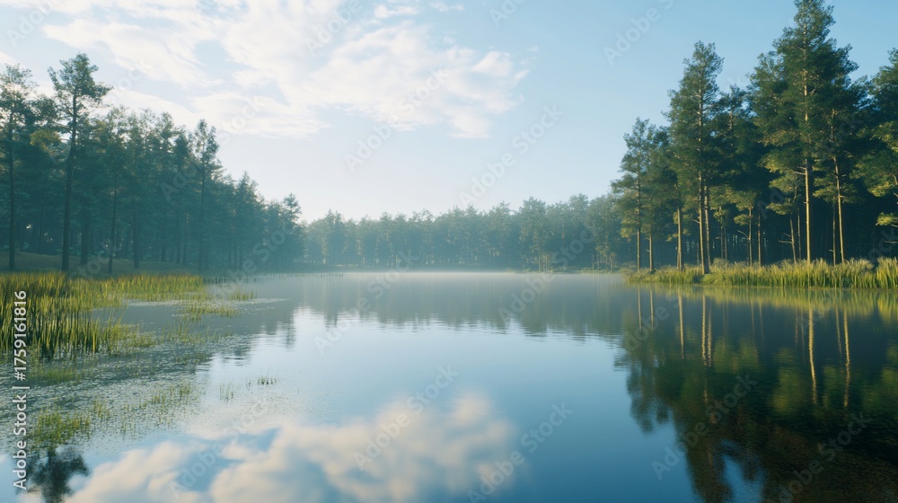 Fototapeta premium Peaceful Lakeside Forest Scenery Reflecting Clear Blue Sky and Clouds