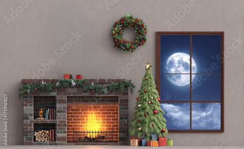 Cozy Christmas Interior with Witch and Full Moon.