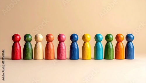 A Row Of Colorful Wooden Peg Dolls Standing In A Line Against A Neutral Background Symbolizing Diversity And Individuality