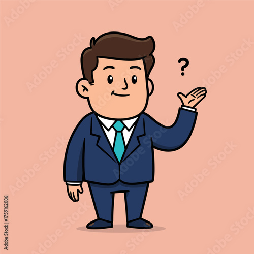 A cartoon illustration of a businessman in a navy blue suit and teal tie, standing with a questioning expression and his hand raised, next to a question mark.