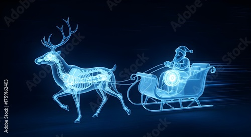Transparent reindeer pulling Santa’s sleigh in glowing blue X-ray style, revealing bones and mechanical details on a dark background