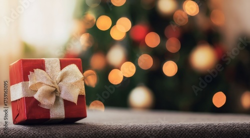 Christmas Gift Box with Bokeh Lights Background.