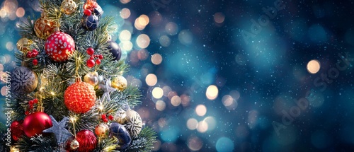Decorated Christmas Tree with Bokeh Lights Background