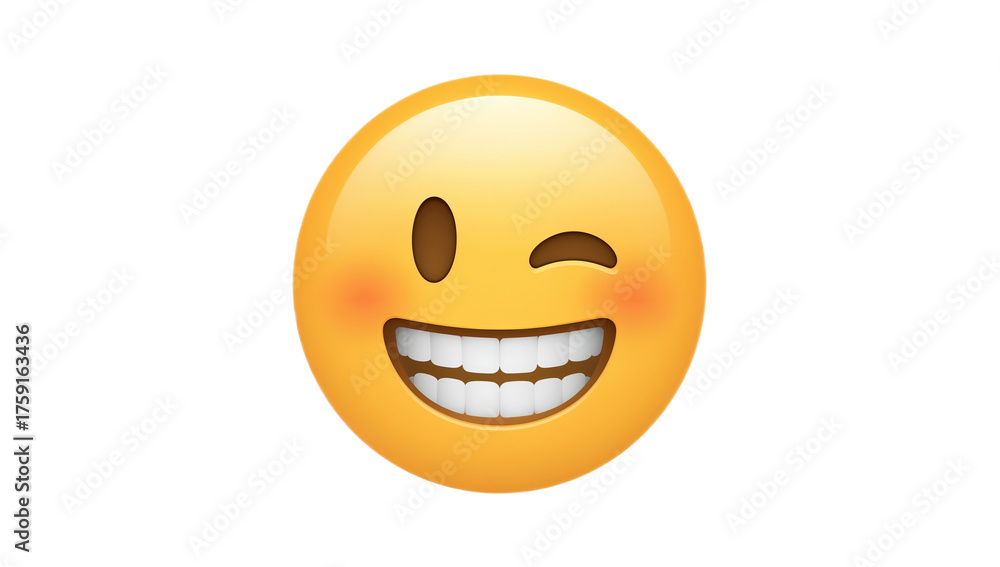 Fototapeta premium A cheerful yellow emoji with a wide grin and a wink, conveying amusement and playfulness in a 3D digital illustration
