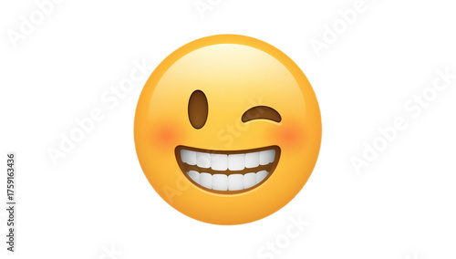 A cheerful yellow emoji with a wide grin and a wink, conveying amusement and playfulness in a 3D digital illustration