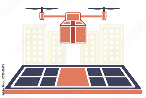Drone Delivering a Package to a Landing Pad with Buildings in the transparent web icon Background delivery aerial