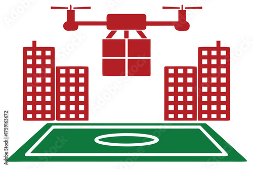 Red Drone Delivering a Package Over a Landing Pad Between Buildings delivery aerial transparent web icon