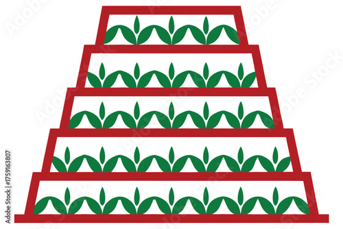 Tiered pyramid structure with green leaf patterns on transparent web icon white background geometric