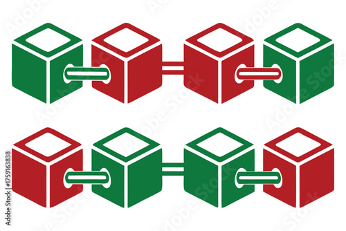 Two Rows of Interconnected Red and Green Cubes Illustrating Blockchain Technology network transparent web icon