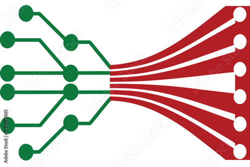 Abstract Digital Data Flow from Green Circuits to Red Lines on transparent web icon White Background vector