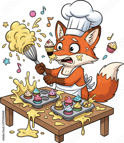 Funny Cartoon Fox Chef Making a Mess While Baking Cupcakes