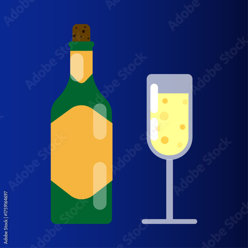 Festive Celebration Champagne Bottle and Glass Filled with Bubbles on a Dark Blue Background