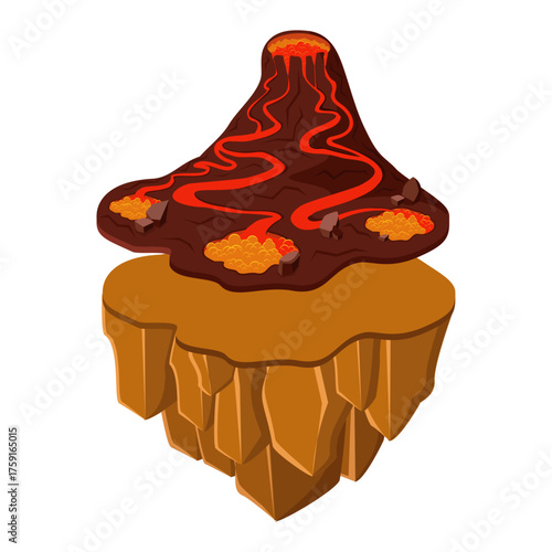 Dynamic cartoon erupting volcano with molten lava on a floating island rock formation