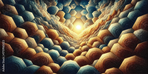 Background texture made of burlap arranged in hexagonal pattern with blue and brown colors and sun shining from the end of the pattern.