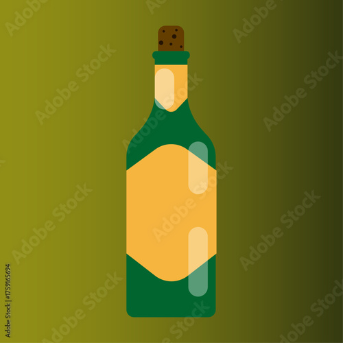 Flat design illustration of a green glass bottle with a yellow label and cork stopper on a gradient background