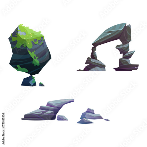 Collection of abstract rock formations and geological sculptures with moss