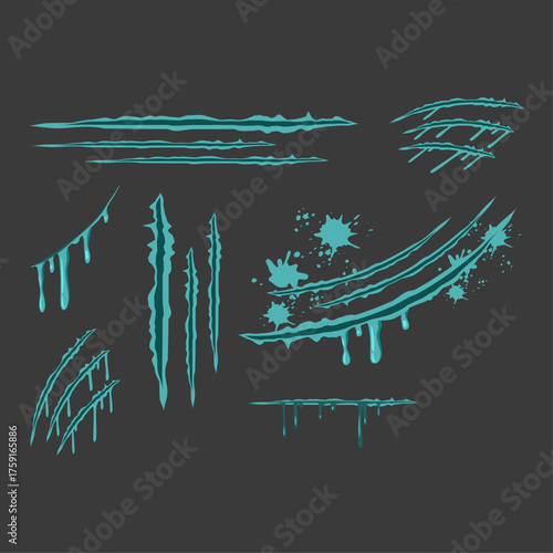 Monster Scratch Marks Set, Blue Claw Slashing Scratches Vector Collection for Halloween