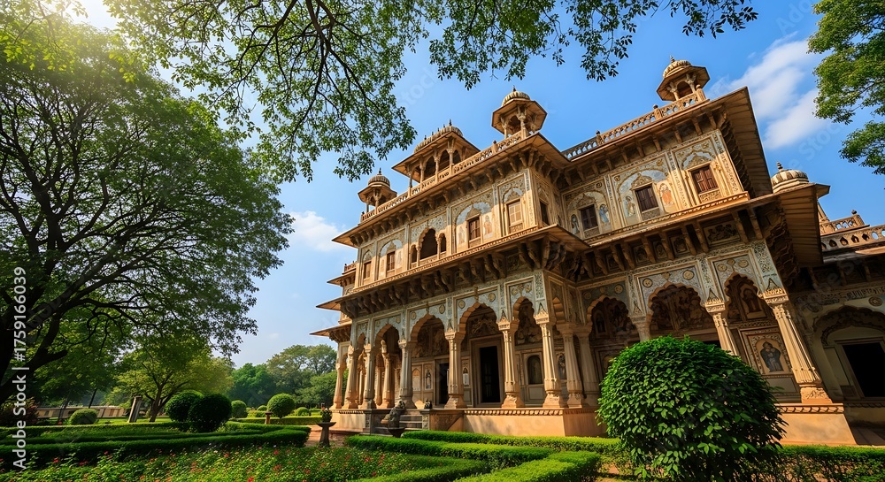Fototapeta premium Historic Ornate Palace with Detailed Architecture Surrounded by Green Gardens and Tall Trees Under Bright Blue Sky