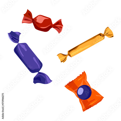 Collection of various colorful candies wrapped in shiny foil, isolated on a white background