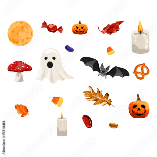 Halloween elements in colorful cartoon style illustration with holiday elements
