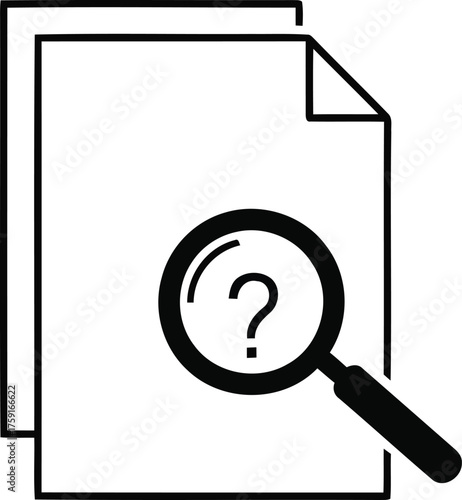 Documents with magnifying glass and question mark black outline on transparent background silhouette