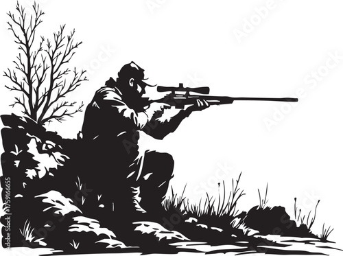 Hunter silhouette vector—black-and-white illustration of crouched figure with rifle in natural terrain for outdoor and sport themes