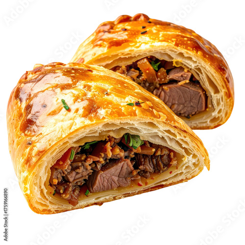 Golden baked Meat-filled brik with savory meat and herbs isolated on white background