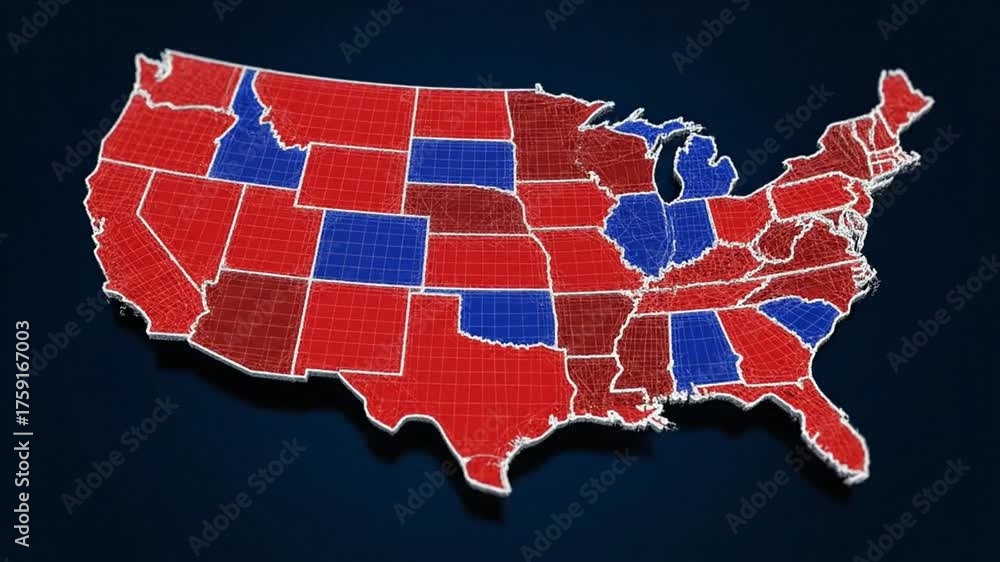 3D Digital Animation of the United States Political Map with Red and