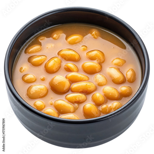 Overhead view of Moi moi (bean pudding) in a black bowl isolated on white background