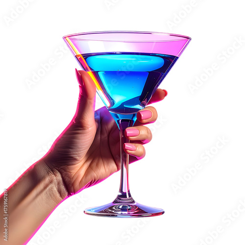Hand holding a martini glass with blue liquid and lighting cocktail