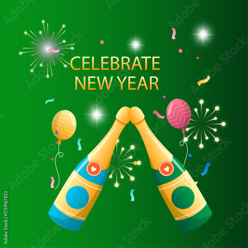 Happy New Year Celebration With Sparkling Champagne Bottles and Balloons on Green Background